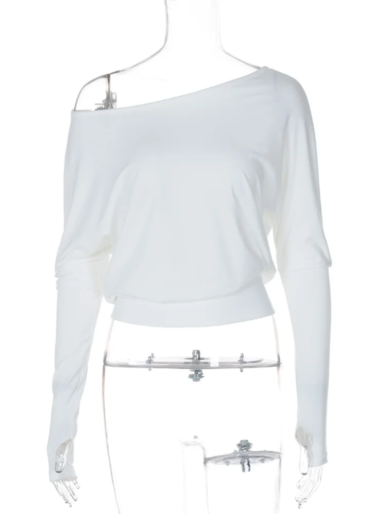 White Off-shoulder T-shirt Pollover for Loose Short Top Party Club T-shirt Hot Girl Autumn New Long Sleeve