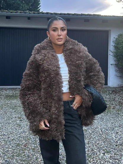 Winter Warm Fluffy Faux Fur Coat New Lapel Long Sleeve Thick Furry Jacket Lady Thermal Outerwear