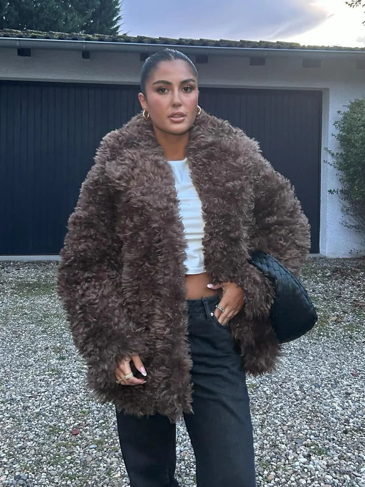 Winter Warm Fluffy Faux Fur Coat New Lapel Long Sleeve Thick Furry Jacket Lady Thermal Outerwear