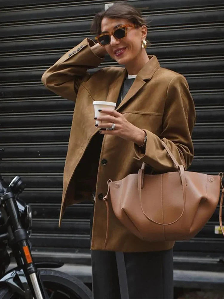 Brown Cropped Lapel Jacket Single Breasted Long Sleeve Loose Coat New Winter Female