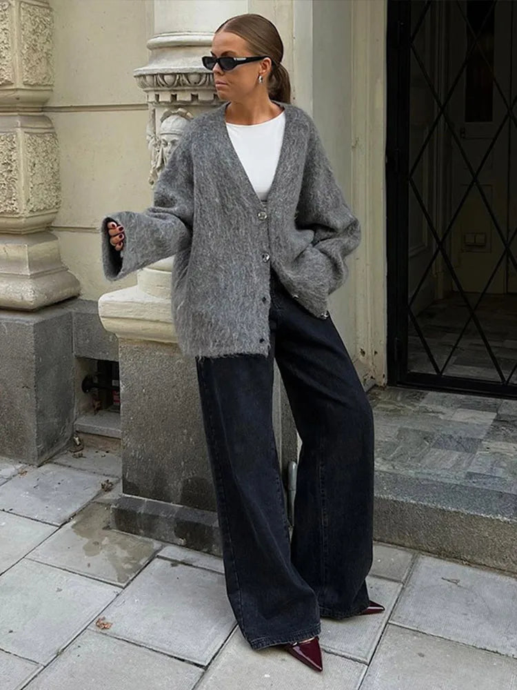 Knitted Cardigans Single Breasted V-neck Loose Long Sleeve Sweater Winter Gray All-match Coat Tops