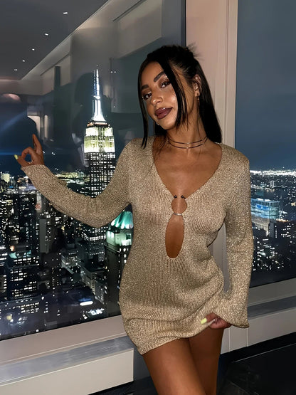 Knitted Flared Sleeve V Neck Mini Dress