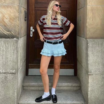 Stripe T-shirt Short Sleeve Female All Match Polo Shirts Summer New Loose Tops High Street