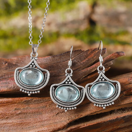 Blue Oval Gemstone Necklace & Earrings Set