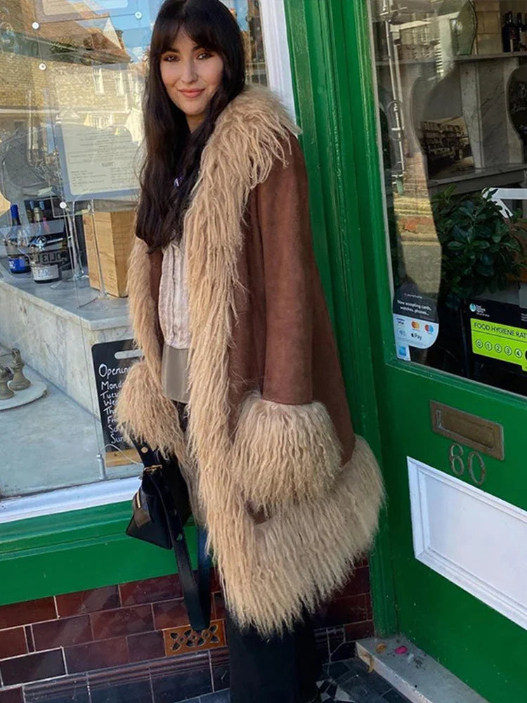 Furry Faux Fur Patchwork Coats Winter Long Sleeve Lapel Female Loose Jacket Pockets Thick Warm Lady Outwear