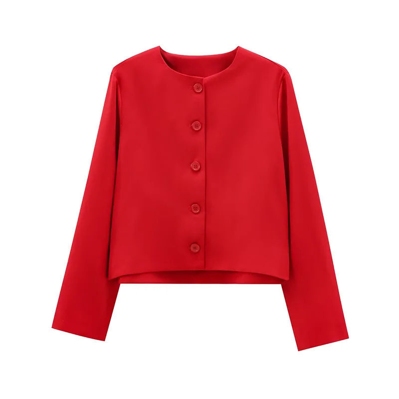Slim Fit Jacket Round Neck Single Breasted Long Sleeve Short Jackets Color Coat Outerwears
