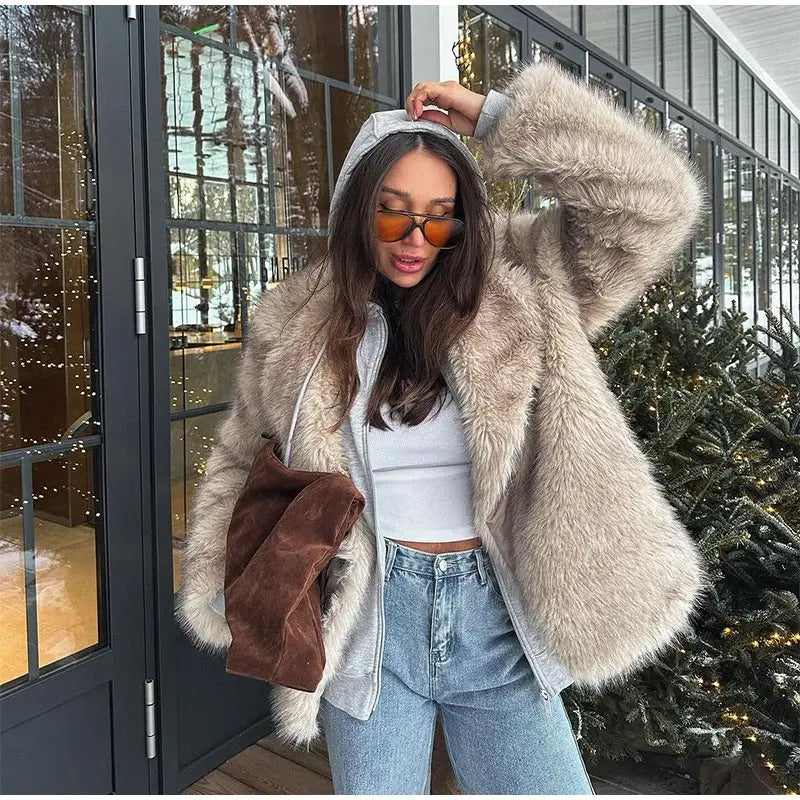 Furffy Thicken Jackets Faux Fur Loose Lapel Long Sleeves Warm Coats Female Winter Soft Outwears Lady