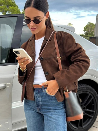 Retro Suede Female Blazer Jacket Lapel Single Breasted Long Sleeve Lady Short Coat Autumn Winter Pockets Lady Outwear
