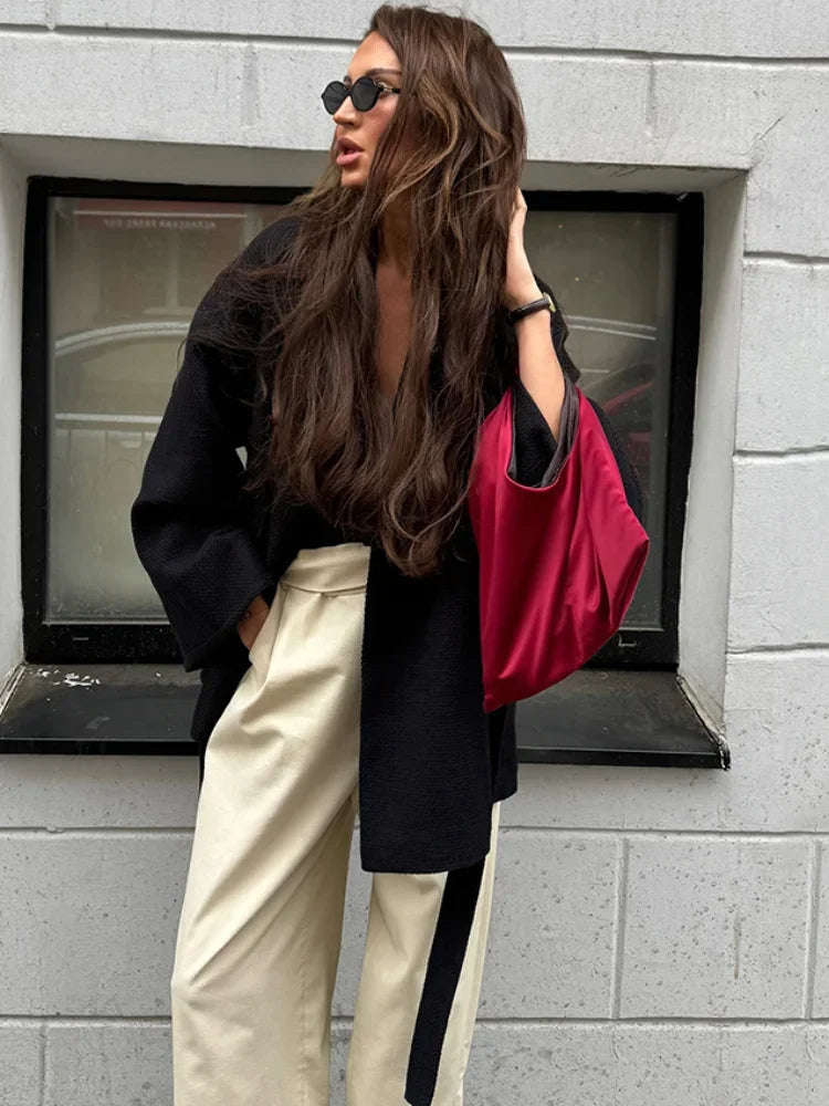 New Black Lace Up Overcoats Autumn Office Jackets Slim Fit Pleated Coat V-neck Commute for Lady Coats
