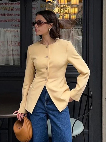 Office Coats O Neck Long Sleeve Pockets Single Breasted Female Jackets Autumn Lady Tops