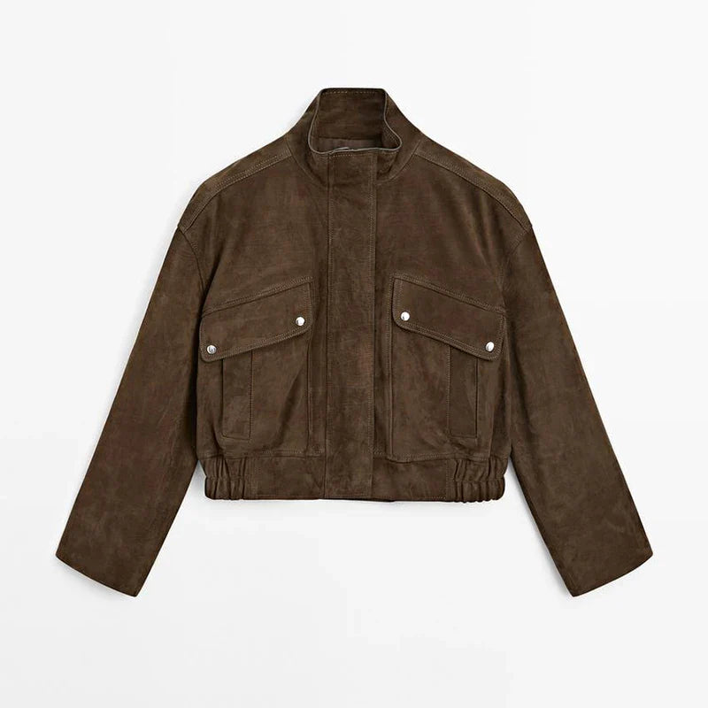 Zipper Suede Cargo Jacket Coat Button Lapel Maillard Slimming Workwear Leather Jackets Short Outwear Commute Overcoat
