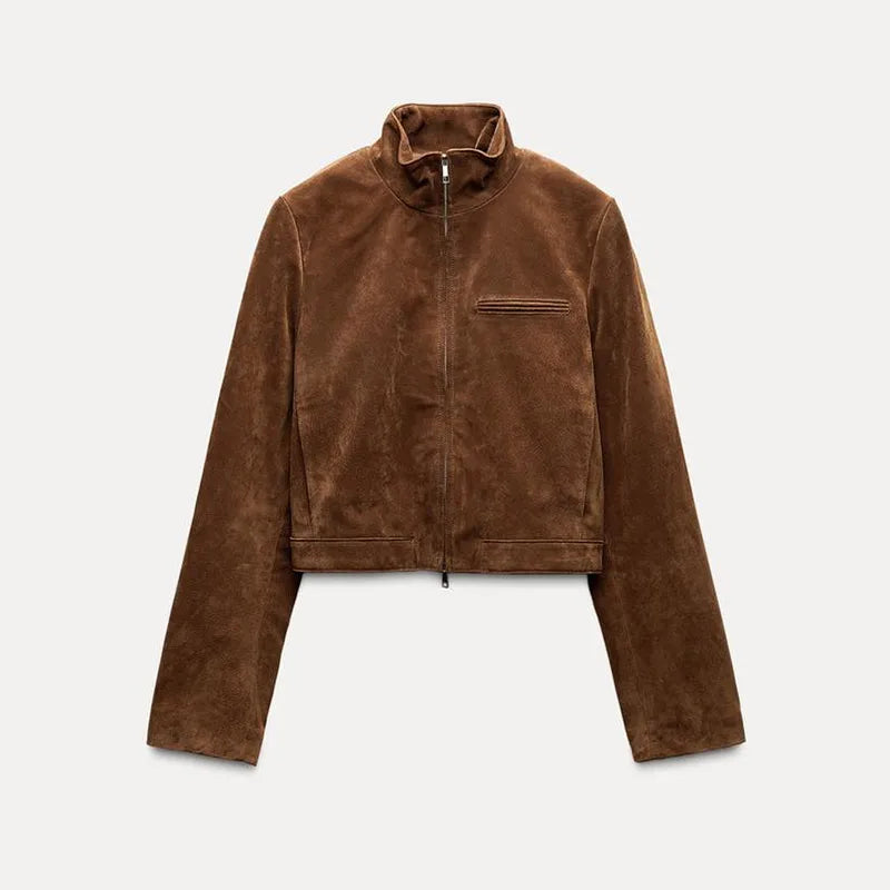 Stand Collar Suede Leather Jacket Coat Zipper Retro Long Sleeved Biker Jackets Loose Front Shoulder Short Outwear