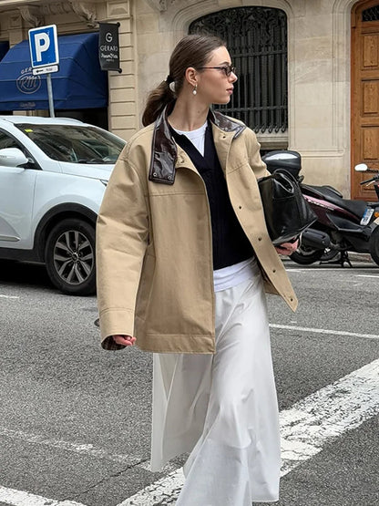 Leather Collar Cargo Jacket Button Down Plaid Pattern Patchwork Jackets Contrast Color Trench Coat Loose Outwear