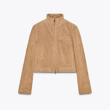 Stand Collar Suede Leather Jacket Coat Zipper Retro Long Sleeved Biker Jackets Loose Front Shoulder Short Outwear