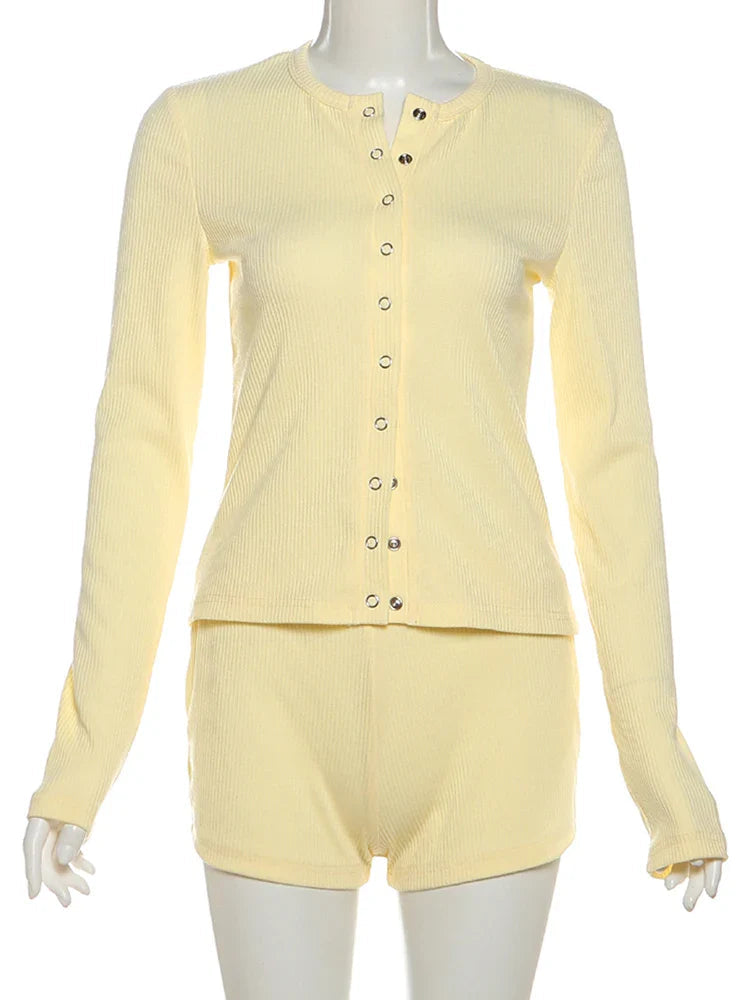Leisure Stretch 2-piece Set Single-breasted Long Sleeves O-neck Blouse+basis Shorts Simple Classic Street Suits