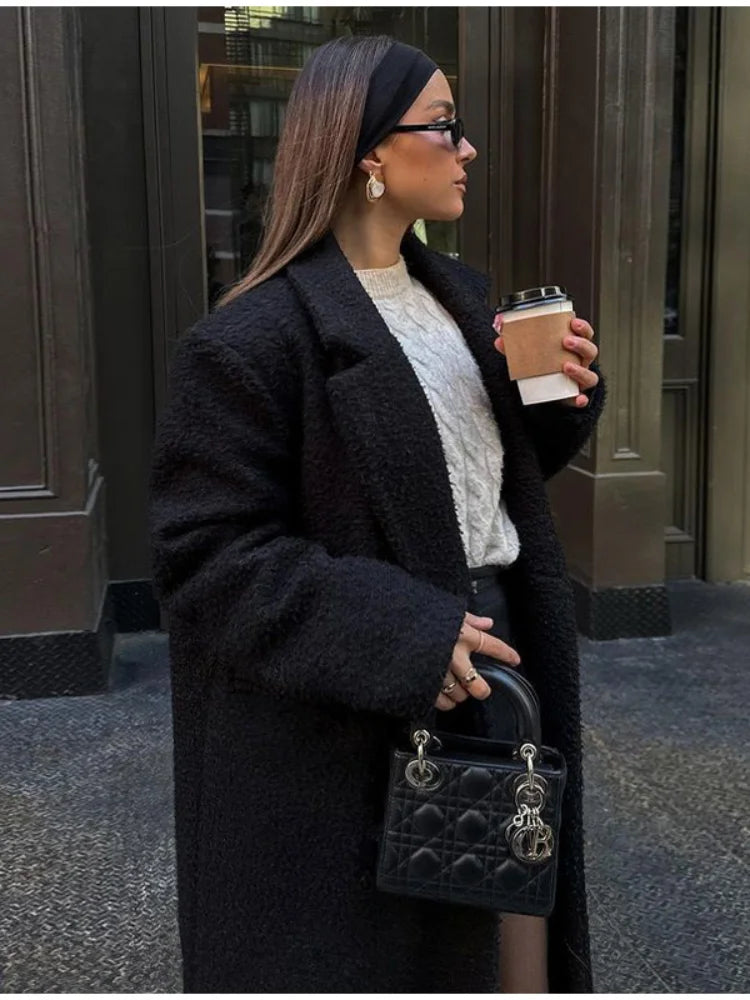 Thicken Warm Outwear Furry Double Breasted Loose Turn-down Collar Long Coat Female Winter Jackets