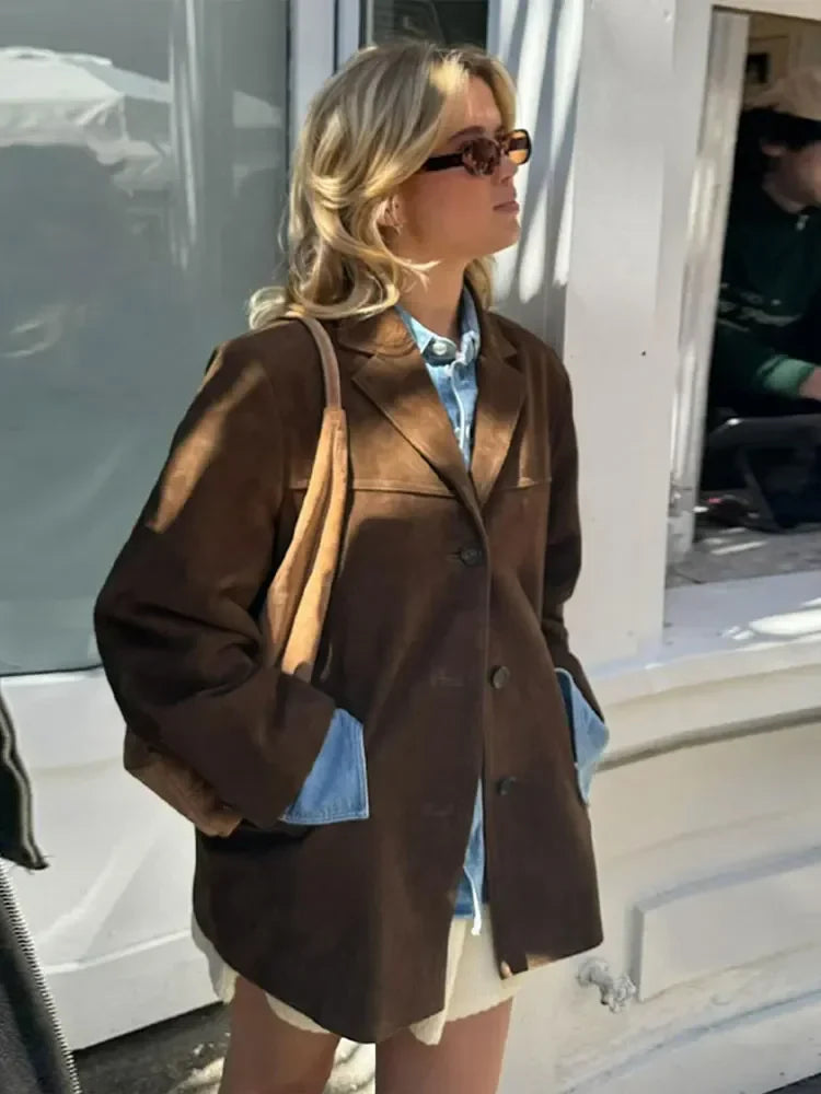 Woman Brown Lapel With Pocket Jacket Single Breasted Long Sleeve Short Coat Autumn Lady High Street Outerwear