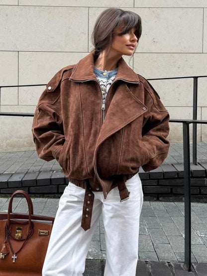 Brown Maillard Lapel Suede Leather Jackets for Long Sleeve Zipper Pockets Coats Lady High