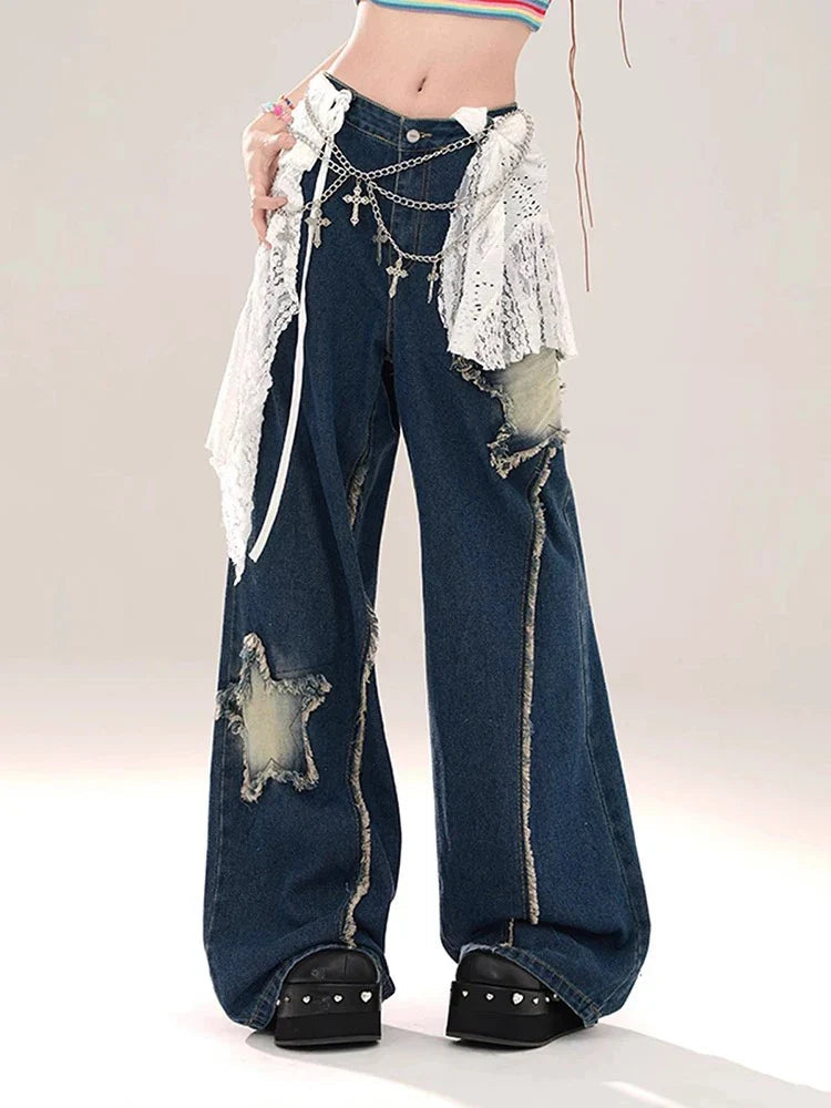 Blue Baggy Star Jeans Harajuku Aesthetic Denim Trousers Y2k Japanese 2000s Style Jean Pants Trashy Clothes