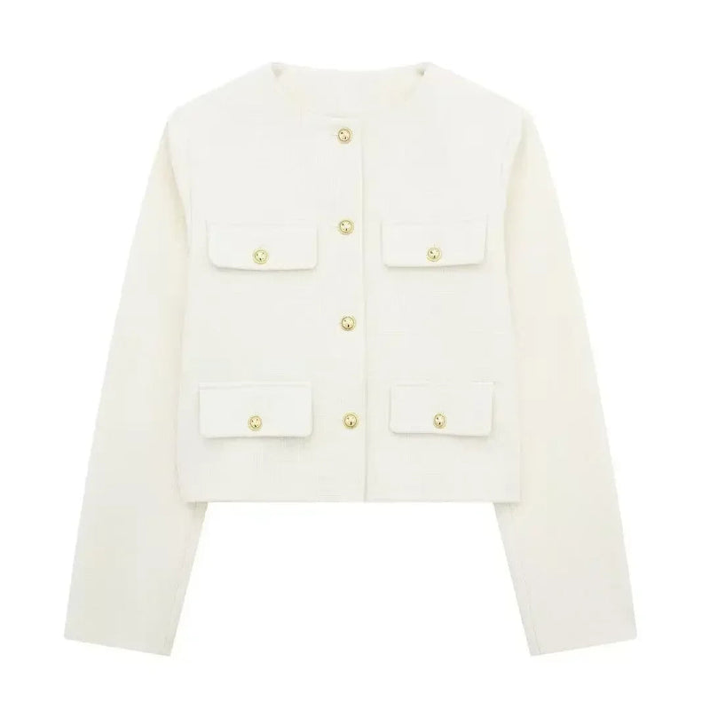 Button Fake Pocket Jacket O-neck Long Sleeve Single Breasted Cropped Coats New Lady Outerwear