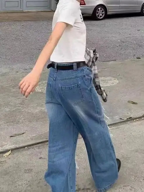 Jeans With Contrasting Plaid Holes and Splicing High-waisted Summer American High Street Loose Slimming Wide-leg Pants