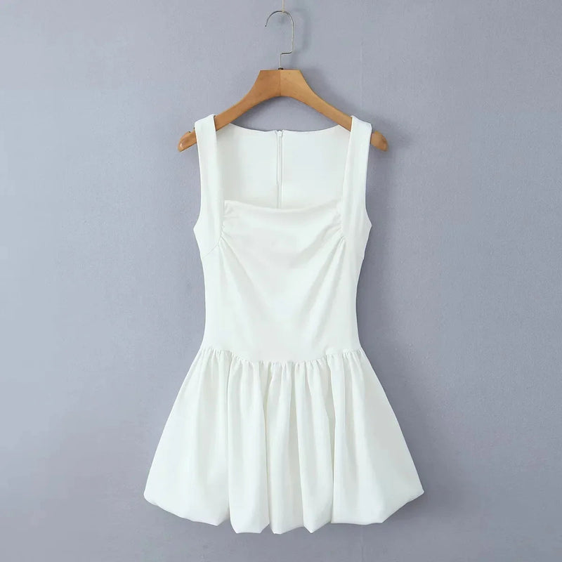 Spring New Pink Sweet Mini Dress Square Collar Sleeveless Short A-line Vestidos Female Dresses
