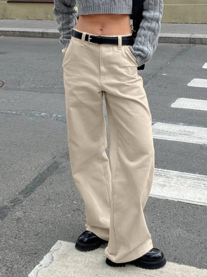 Khaki Classic Wide Leg Pant High Waist Pocket Loose Simple Trouser Autumn Winter Pants New