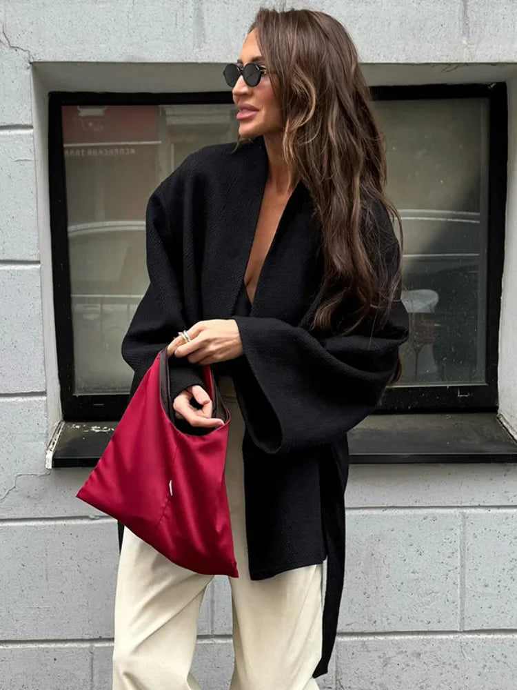 New Black Lace Up Overcoats Autumn Office Jackets Slim Fit Pleated Coat V-neck Commute for Lady Coats