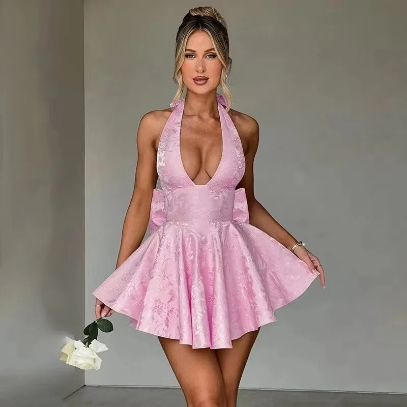 Bow Backless Jacquard a Line Mini Dress