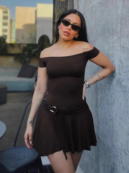 European and American Style Off the Shoulder Dress, Summer Elastic One Line Neck Slim Fitting Lace Up Pleated Skirt