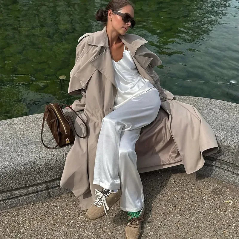 Trench Coat Lace Up Turn-down Collar Lady Long Jackets Autumn Winter Female Street Outwear New