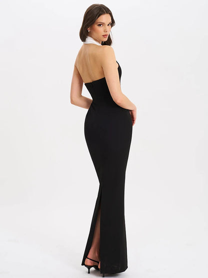 Color Block Notched Halter Maxi Dress
