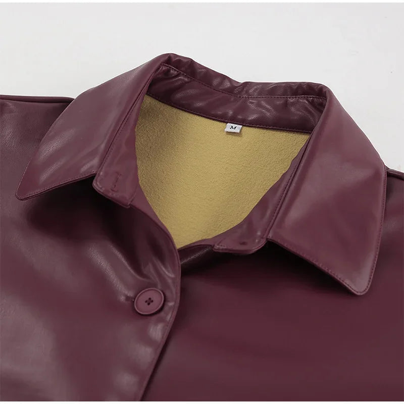 Burgundy Faux Leather Jackets Moto Biker Lapel Zipper Long Sleeve Female Coats Spring Lady Street Outwear