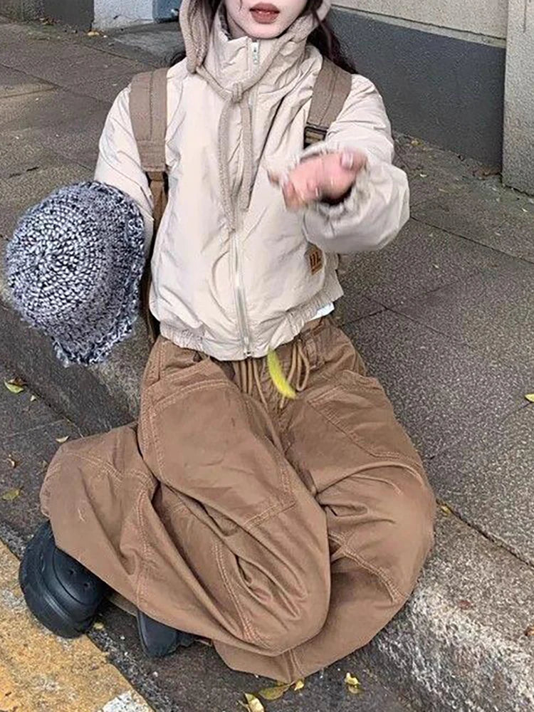 Plain Spliced Wide Leg Cargo Pants Big Pockets Drawstring Low Waist Loose Draped Sweatpants Lounge