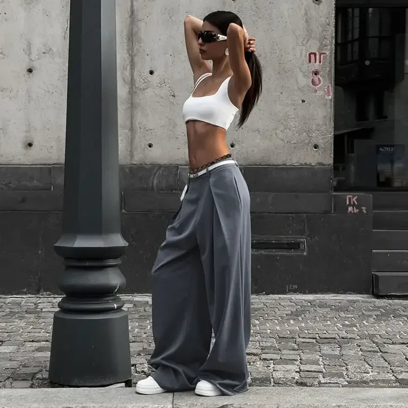 Tavimart - Y2k Lace Patchwork Waist Pants Baggy Korean Oversize Office Trousers