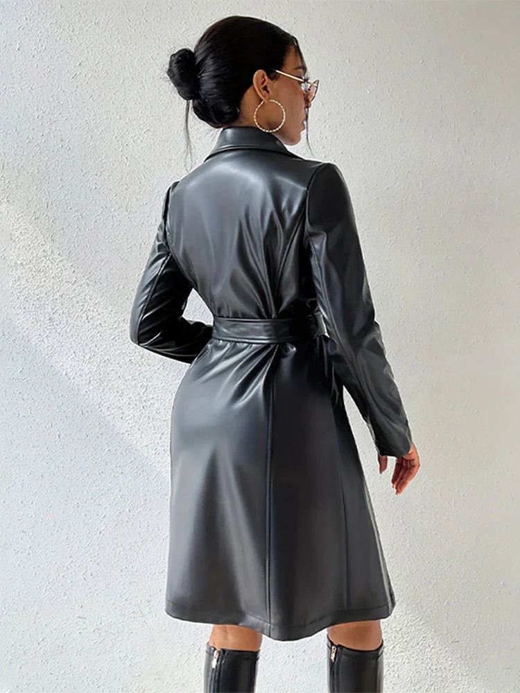 Pu Leather Trench Coat Belted Turn-down Collar