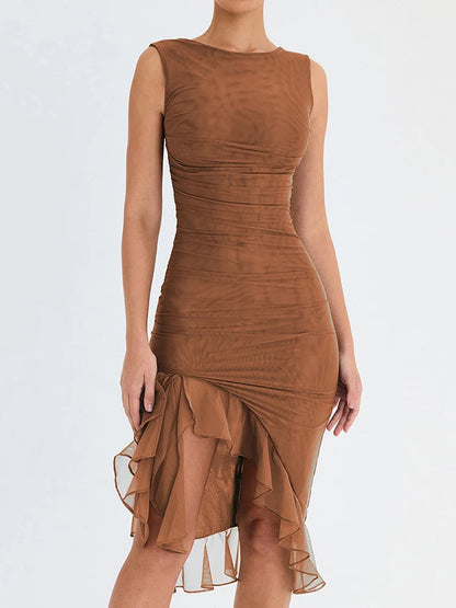 Ruffle Ruched Backless Midi Dress
