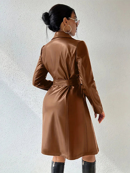 Pu Leather Trench Coat Belted Turn-down Collar