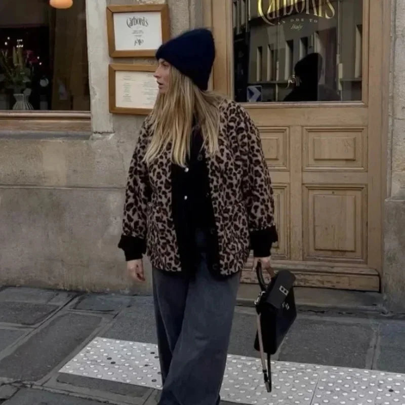 Leopard Print Single Breasted Jacket O Neck Long Sleeves Pocket Coat New Lady Warm Outerwear