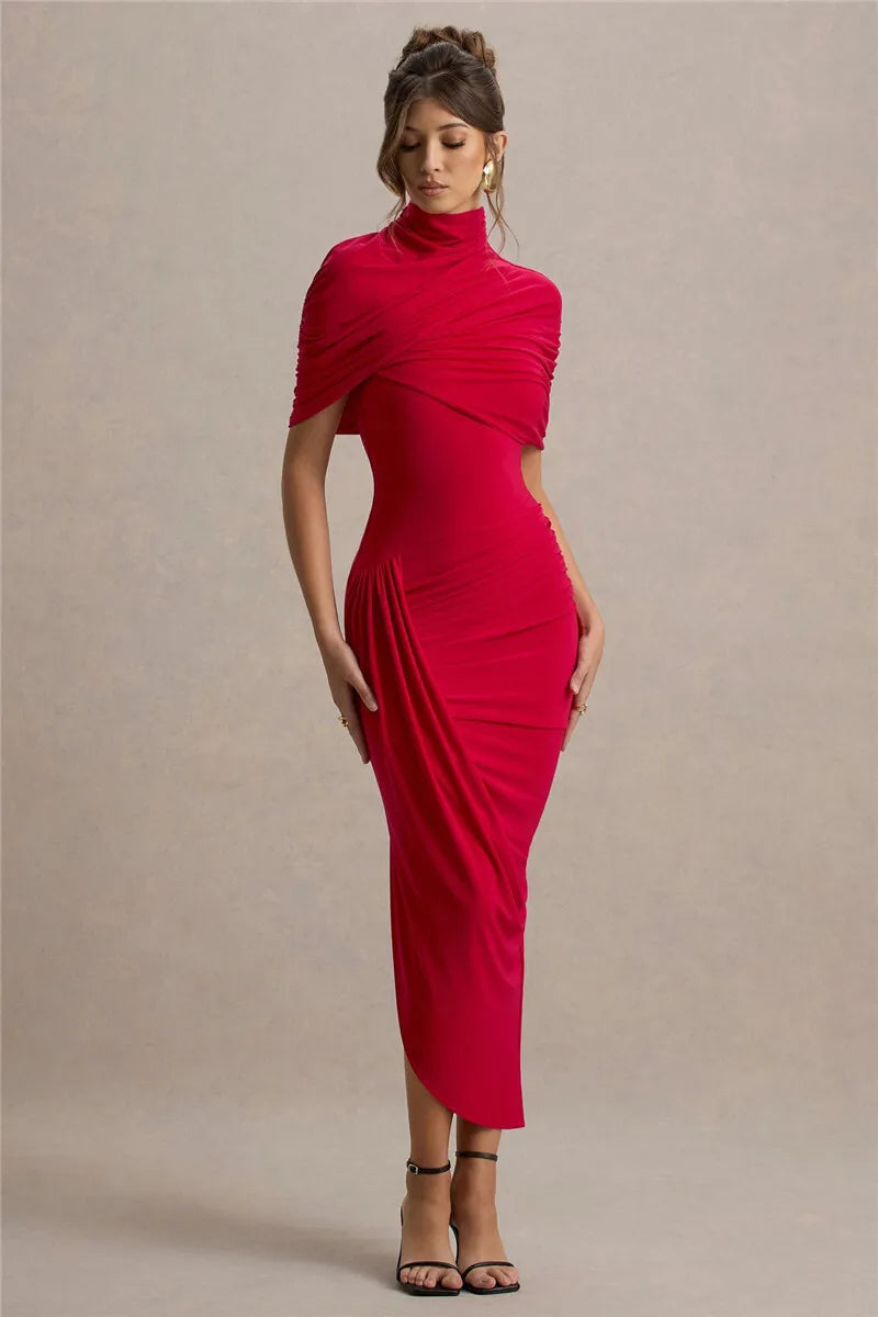Lyricara — Backless Maxi Dress With Ruched Waist and Turtleneck