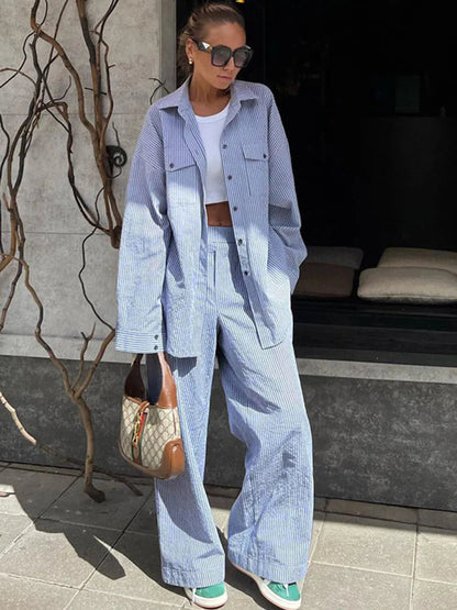 Contrast Color Shirt Pants Suit 2-piece Summer Striped Patchwork Suit 2-piece Pants Suit
