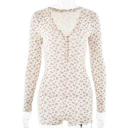 Print Playsuits Long Sleeve Low Chest V Neck Button Half Cardigan High Waist Straight Pants Playsuit