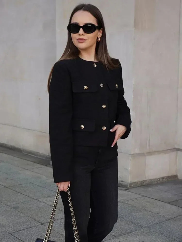 Button Fake Pocket Jacket O-neck Long Sleeve Single Breasted Cropped Coats New Lady Outerwear