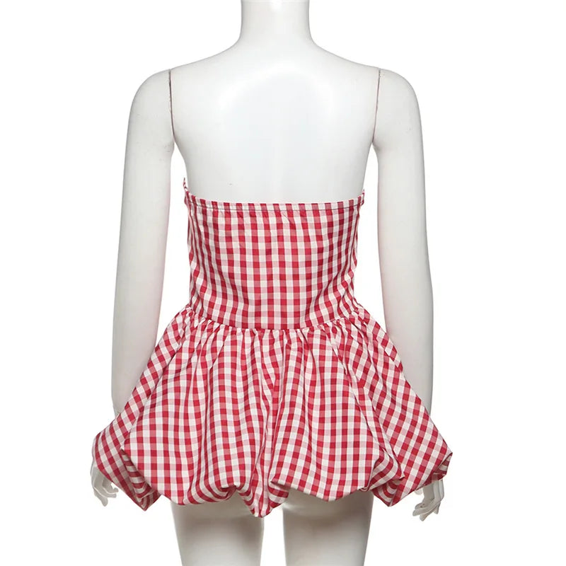 Spring Summer Plaid Tops for Strapless Off Shoulder Backless Ruched Red T-shirt Sleeveless Tees Top