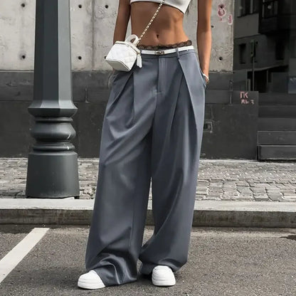 Tavimart - Y2k Lace Patchwork Waist Pants Baggy Korean Oversize Office Trousers