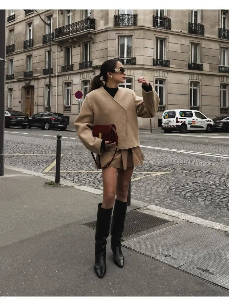 V-neck Khaki Thicken Wool Jacket Autumn Winter Loose Blend Coat Female Warm Outfit Coats for