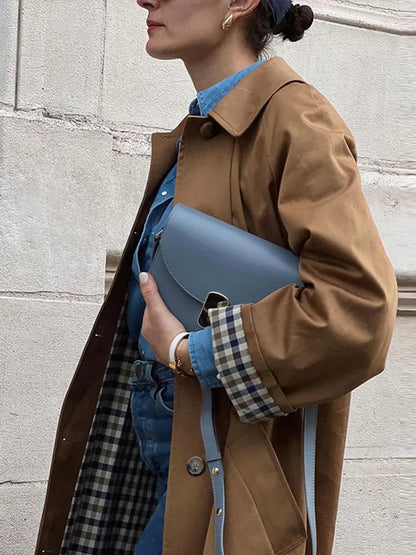 Woman Long Trench Coats Khaki Plaid Lined Lapel Single Breasted Jacket With Pocket Autumn Lady Commute Outwear