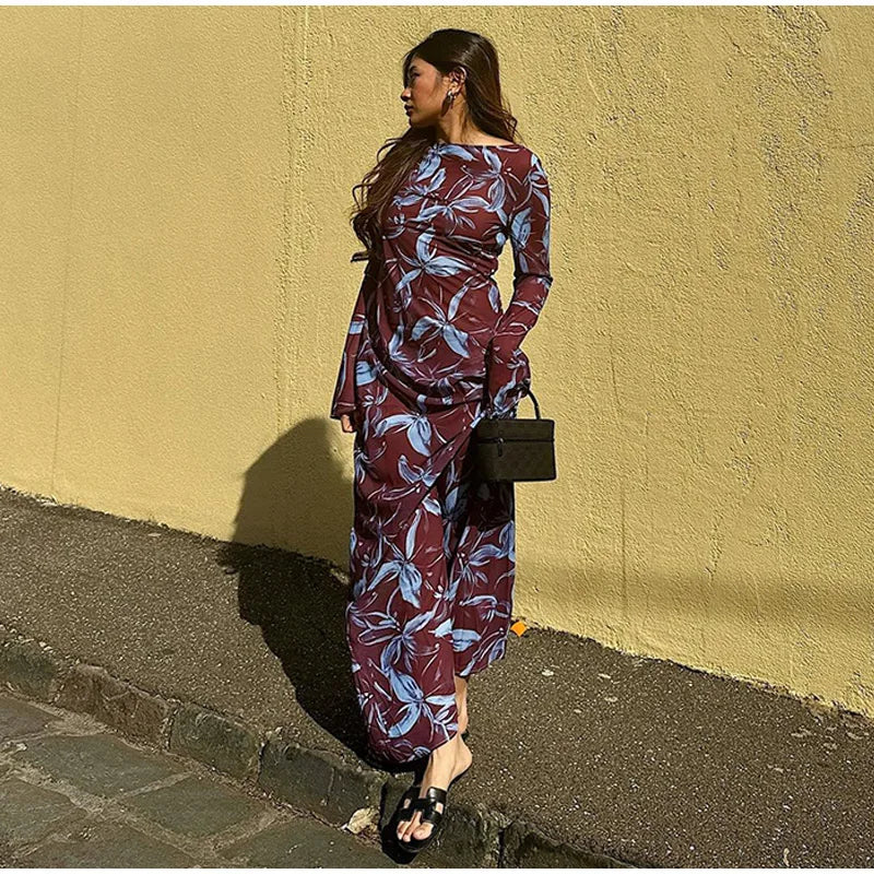 Retro Printed O-neck Holiday Dress Full Sleeve Waist-cinching Long Dresses Female Summer Street Vestidos