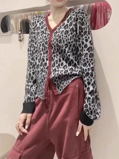 Knitted Sweaters for Long Sleeve Jumpers New Autumn Winter Leopard Loose Single Breasted Cardigan