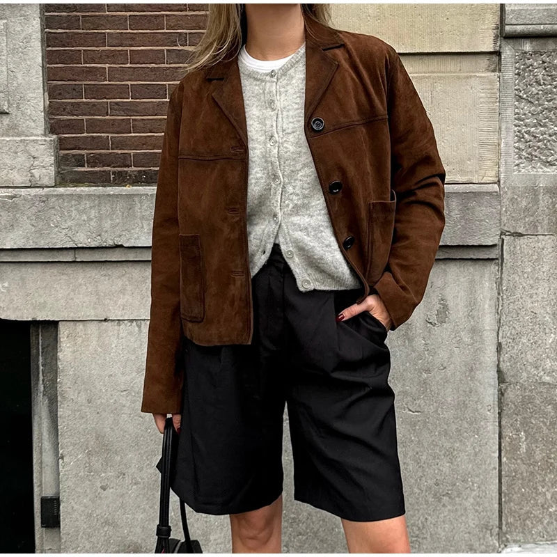 Retro Suede Female Blazer Jacket Lapel Single Breasted Long Sleeve Lady Short Coat Autumn Winter Pockets Lady Outwear